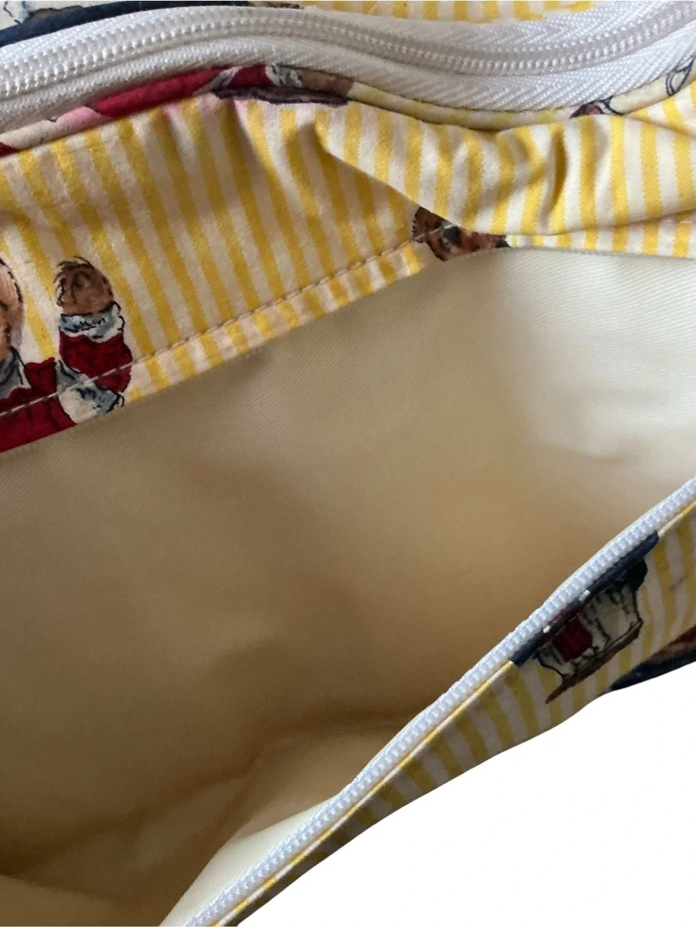 Vintage Ralph Lauren Polo Bear cosmetic travel bag yellow white pinstriped